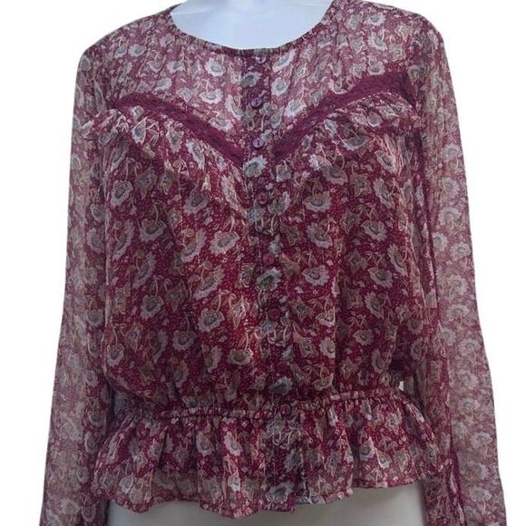 American Eagle Outfitters Blouse Women's Medium Burgundy Floral Chiffon Ruffle - Picture 2 of 13